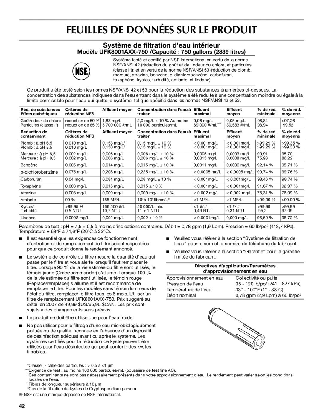 Maytag MBL2556KES installation instructions Feuilles DE Données SUR LE Produit, Système de filtration d’eau intérieur 