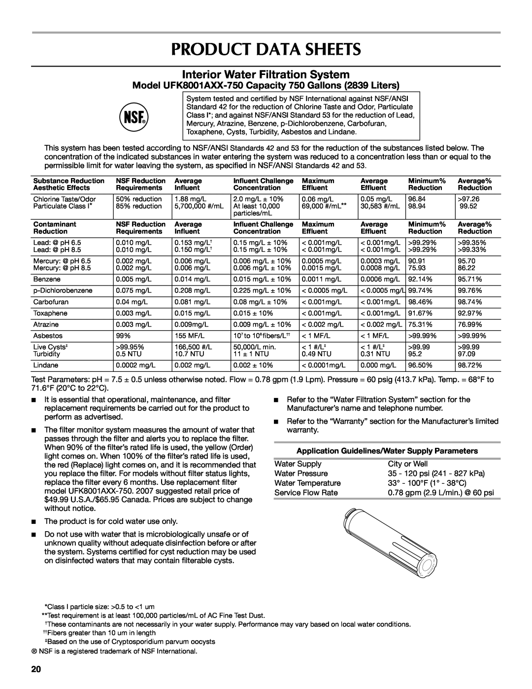 Maytag MBL2556KES Product Data Sheets, Interior Water Filtration System, Application Guidelines/Water Supply Parameters 