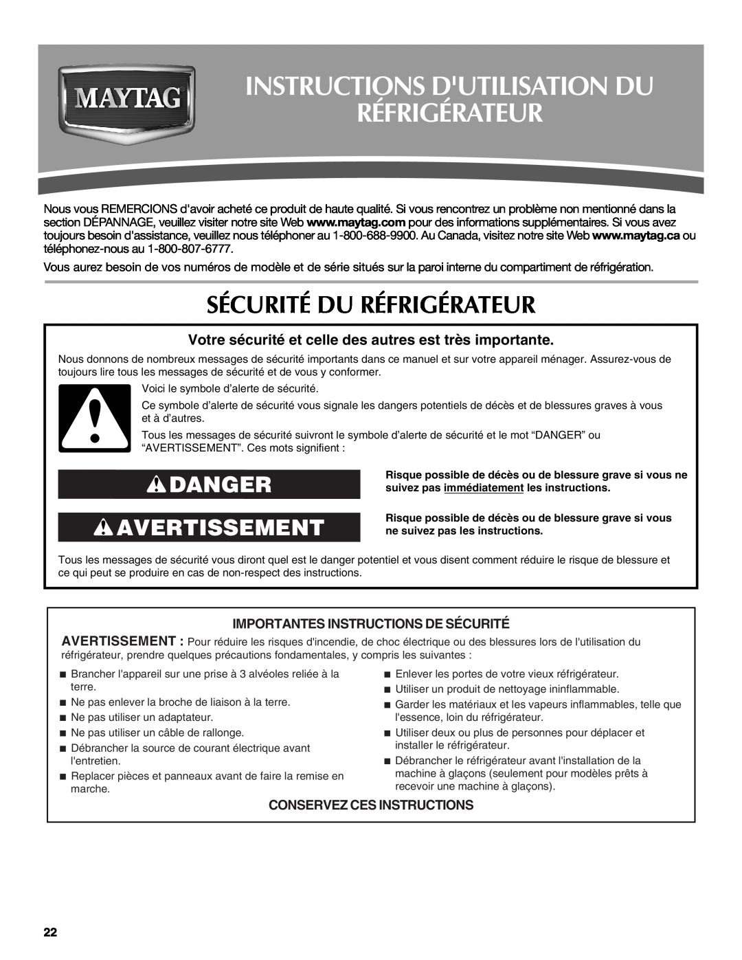 Maytag MBL2556KES Instructions Dutilisation Du Réfrigérateur, Sécurité Du Réfrigérateur, Danger Avertissement 