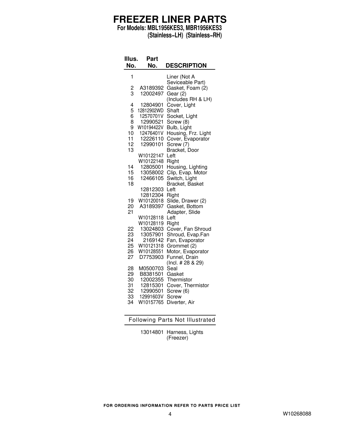 Maytag MBR1956KES3, MBL1956KES3 manual Following Parts Not Illustrated 