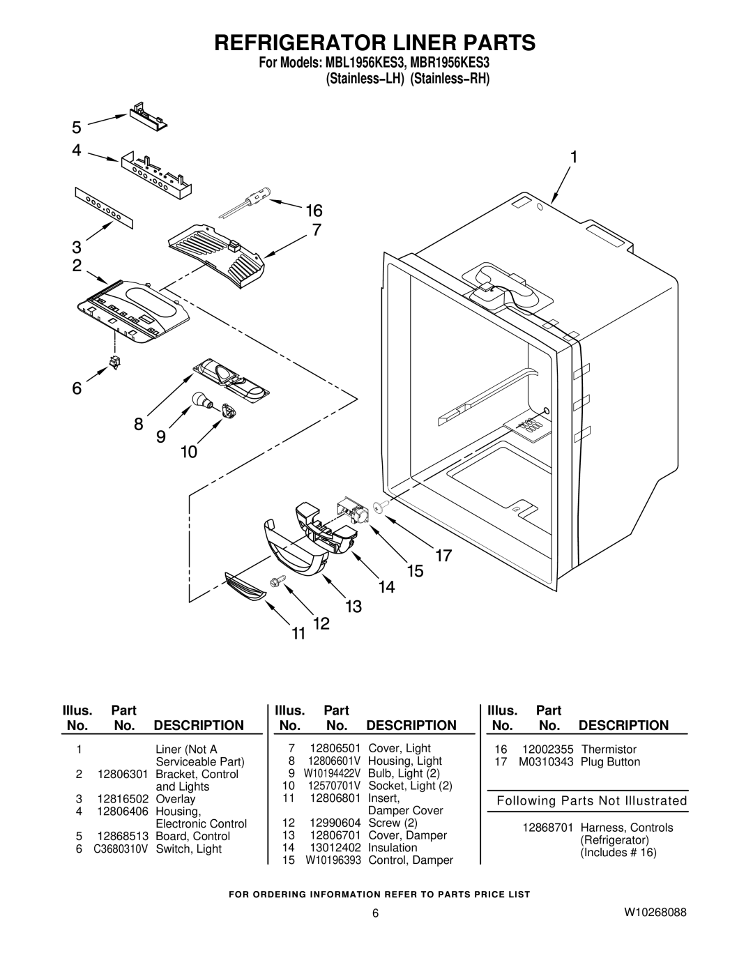 Maytag MBR1956KES3, MBL1956KES3 manual Refrigerator Liner Parts 