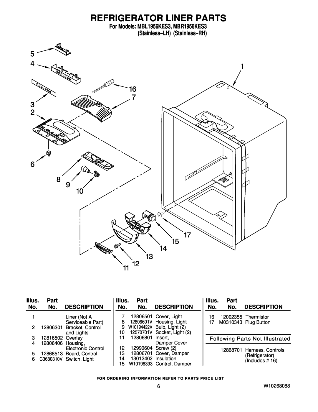 Maytag MBR1956KES3, MBL1956KES3 manual Refrigerator Liner Parts 