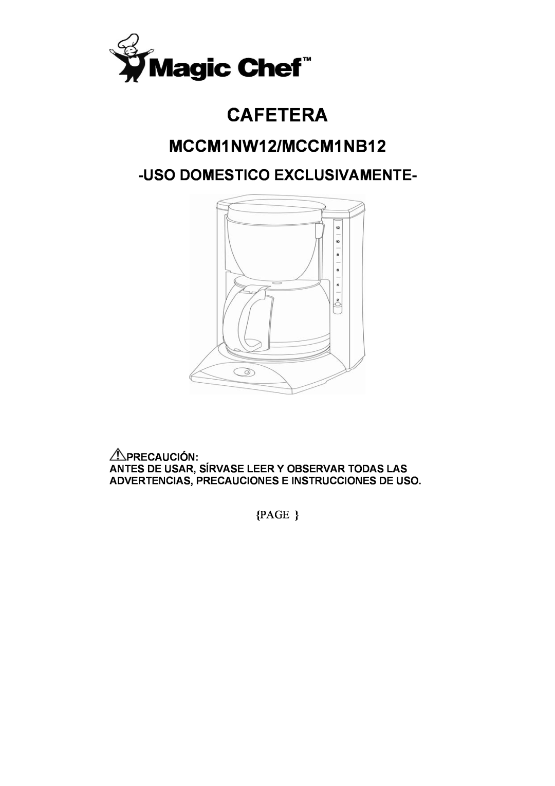 Maytag operating instructions Cafetera, Uso Domestico Exclusivamente, MCCM1NW12/MCCM1NB12, Page 