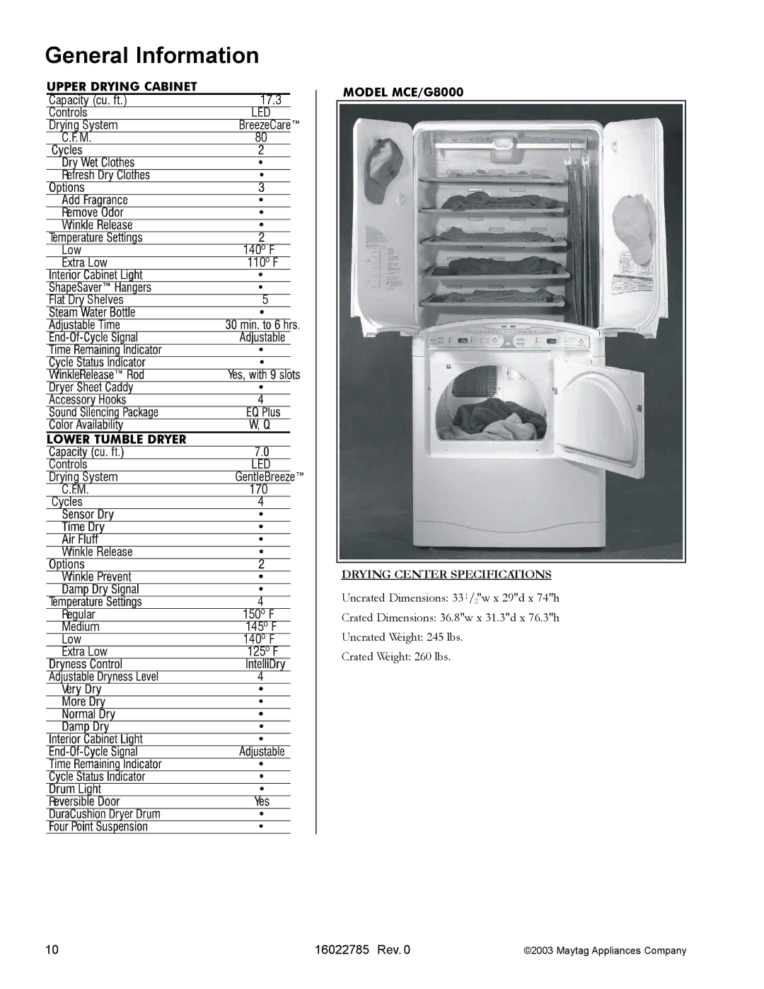 Maytag MCE8000AY manual Drying Center Specifications 