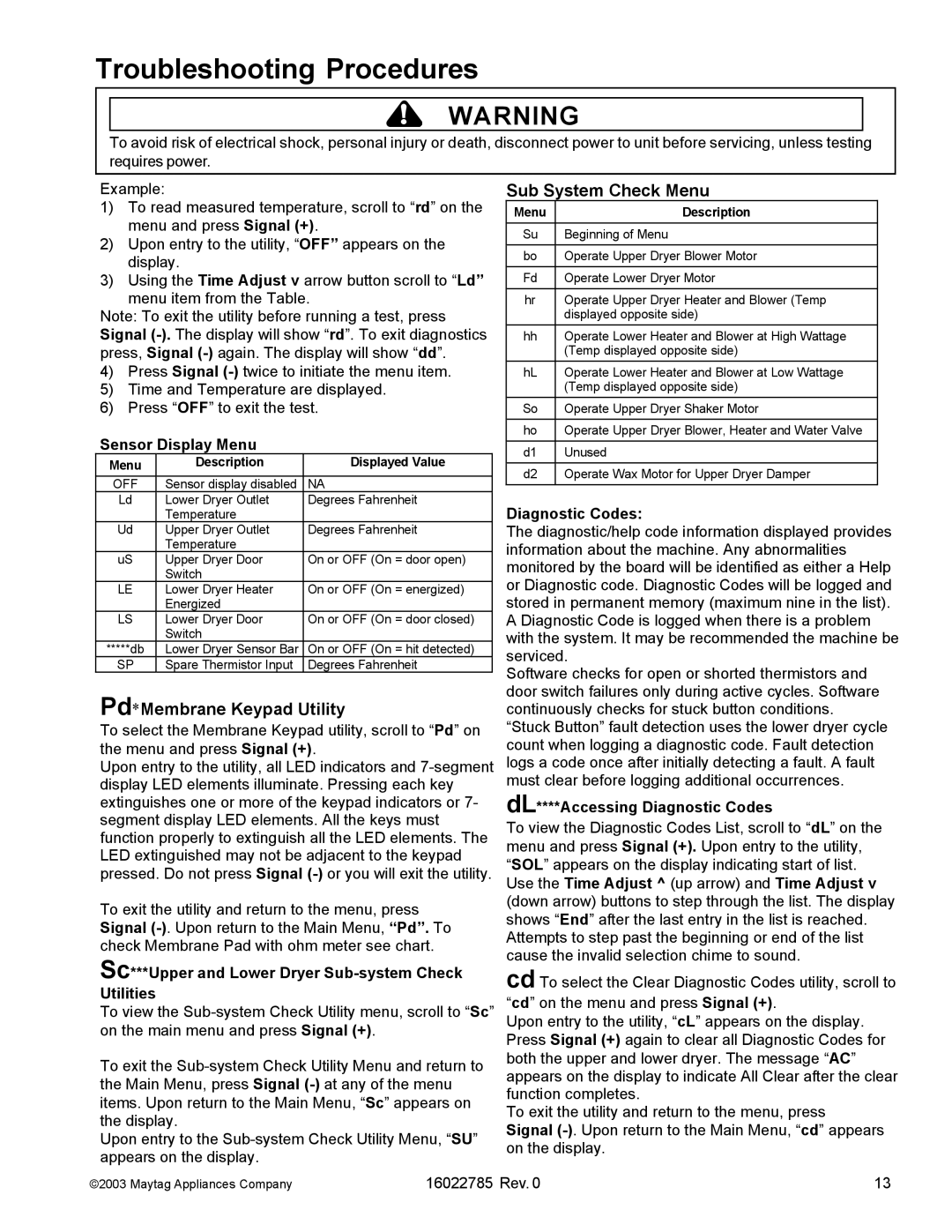 Maytag MCE8000AY manual Sensor Display Menu, Sc***Upper and Lower Dryer Sub-system Check Utilities, Diagnostic Codes 