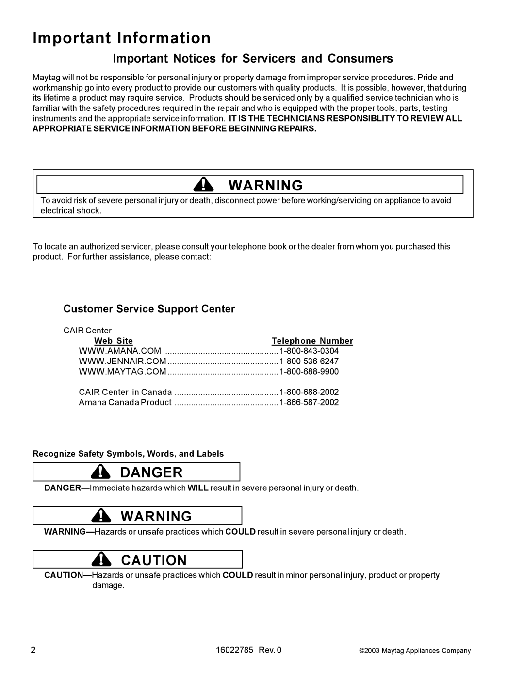 Maytag MCE8000AY Customer Service Support Center, Web Site Telephone Number, Recognize Safety Symbols, Words, and Labels 