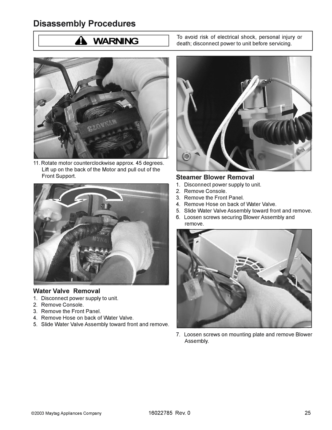 Maytag MCE8000AY manual Water Valve Removal, Steamer Blower Removal 