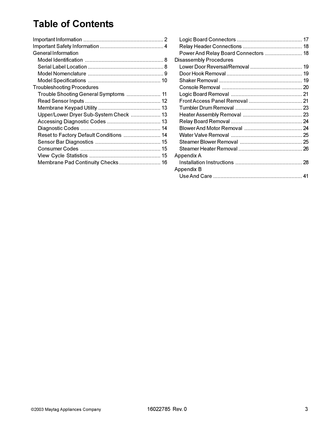 Maytag MCE8000AY manual Table of Contents 