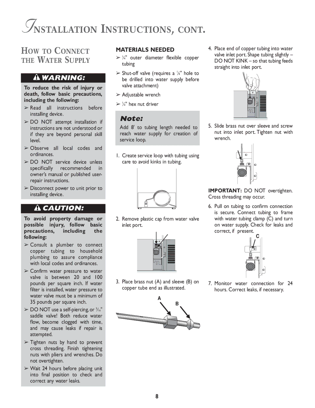 Maytag MCS 16021937 HOW to Connect the Water Supply, Materials Needed, ⁄4 outer diameter flexible copper tubing 