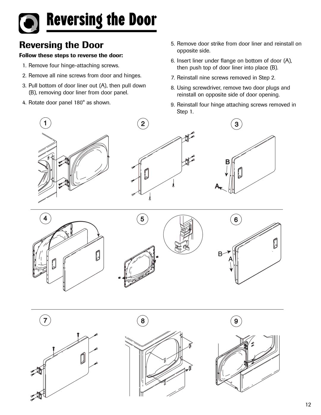 Maytag MD-1 important safety instructions Reversing the Door, Reinstall four hinge attaching screws removed in Step 