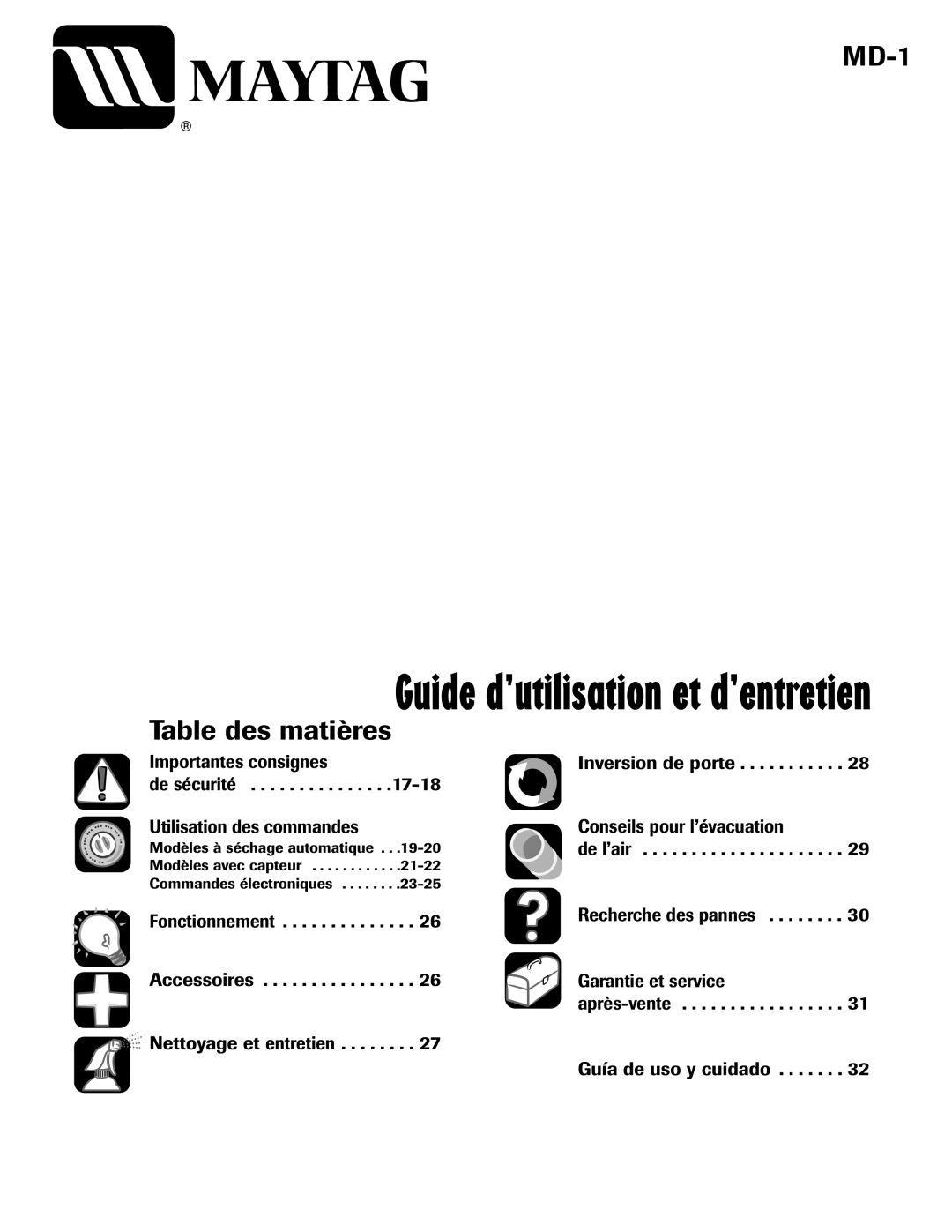 Maytag MD-1 Table des matières, Importantes consignes Inversion de porte De sécurité, De l’air 