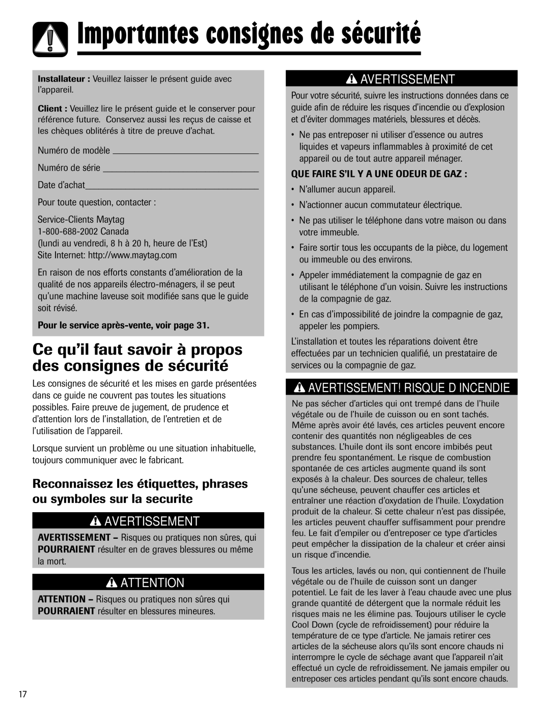 Maytag MD-1 Ce qu’il faut savoir à propos des consignes de sécurité, Numéro de modèle, QUE Faire S’IL Y a UNE Odeur DE GAZ 