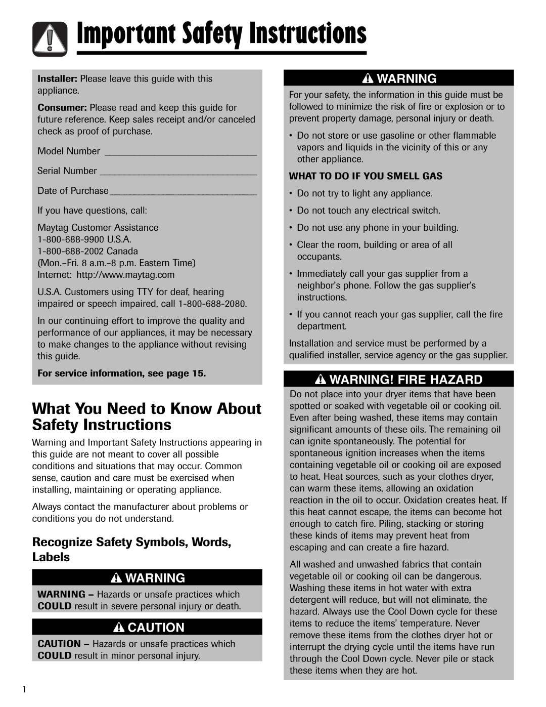 Maytag MD-1 Important Safety Instructions, What You Need to Know About Safety Instructions, Canada 