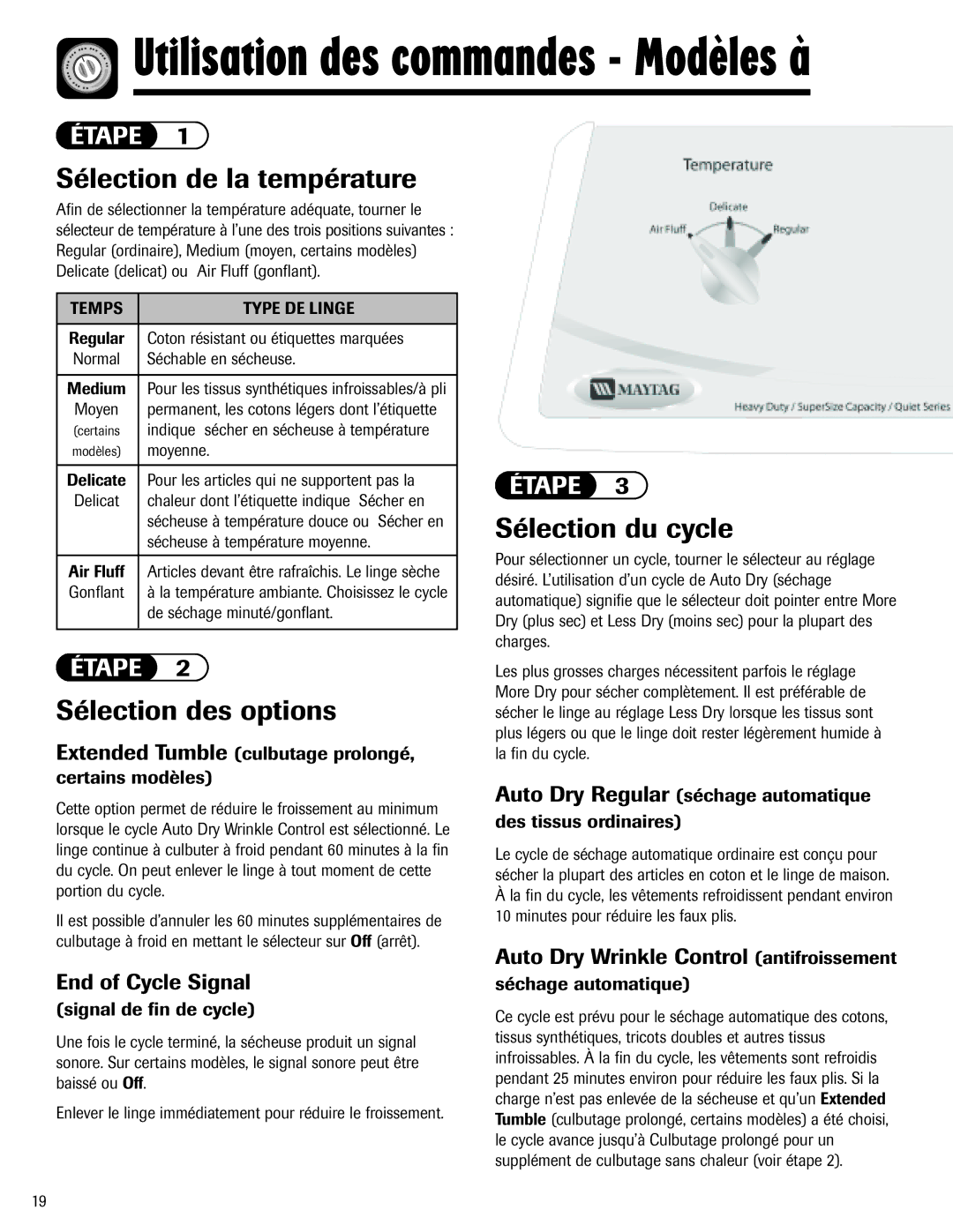 Maytag MD-1 important safety instructions Sélection de la température, Sélection des options, Sélection du cycle 