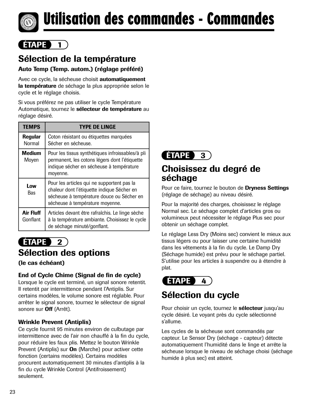 Maytag MD-1 important safety instructions Utilisation des commandes Commandes, Choisissez du degré de séchage 