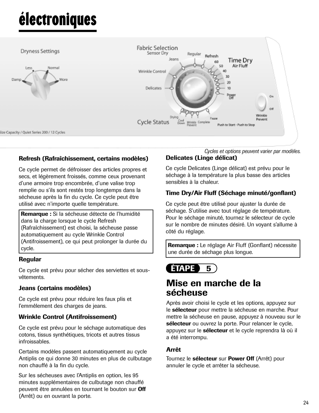 Maytag MD-1 important safety instructions Électroniques, Mise en marche de la sécheuse 