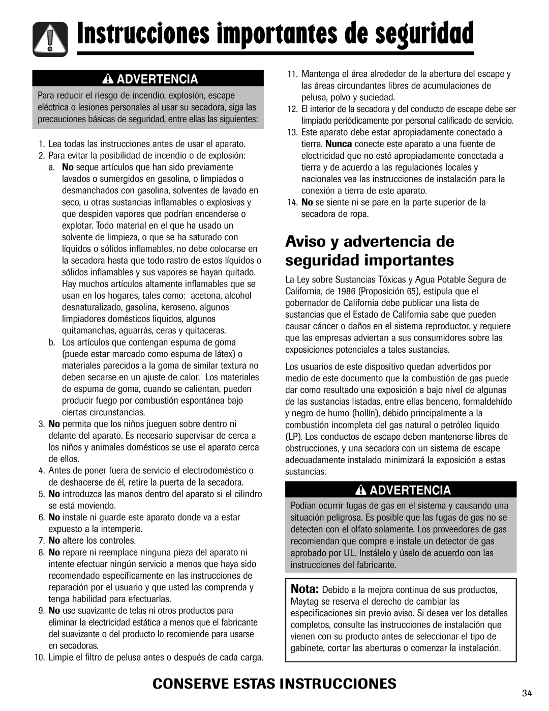 Maytag MD-1 Instrucciones importantes de seguridad, Aviso y advertencia de seguridad importantes 