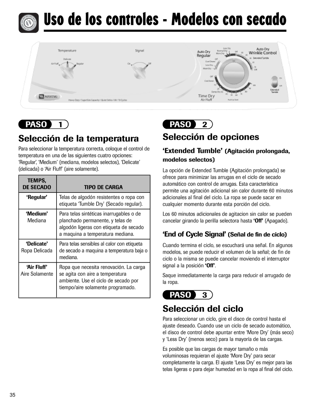 Maytag MD-1 important safety instructions Selección de la temperatura, Selección de opciones, Selección del ciclo 