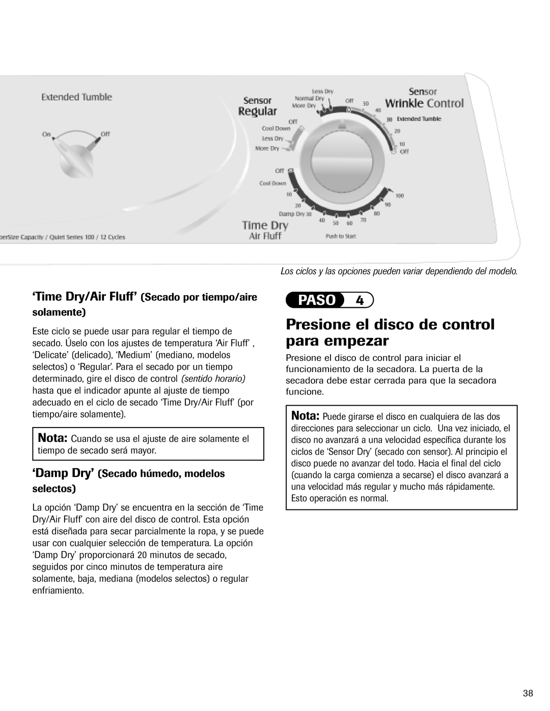 Maytag MD-1 Presione el disco de control para empezar, ‘Time Dry/Air Fluff’ Secado por tiempo/aire solamente 