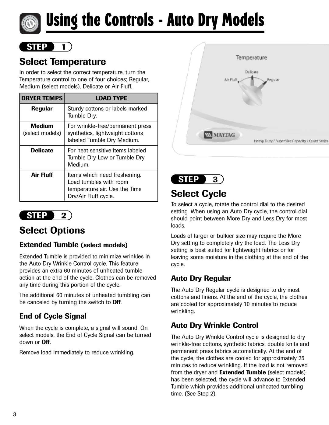 Maytag MD-1 important safety instructions Select Temperature, Select Options, Select Cycle 