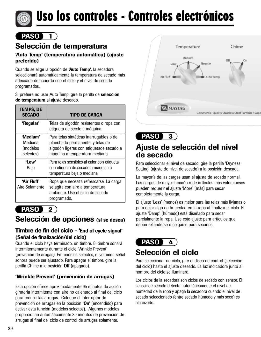 Maytag MD-1 Uso los controles Controles electrónicos, Selección de temperatura, Selección de opciones si se desea 