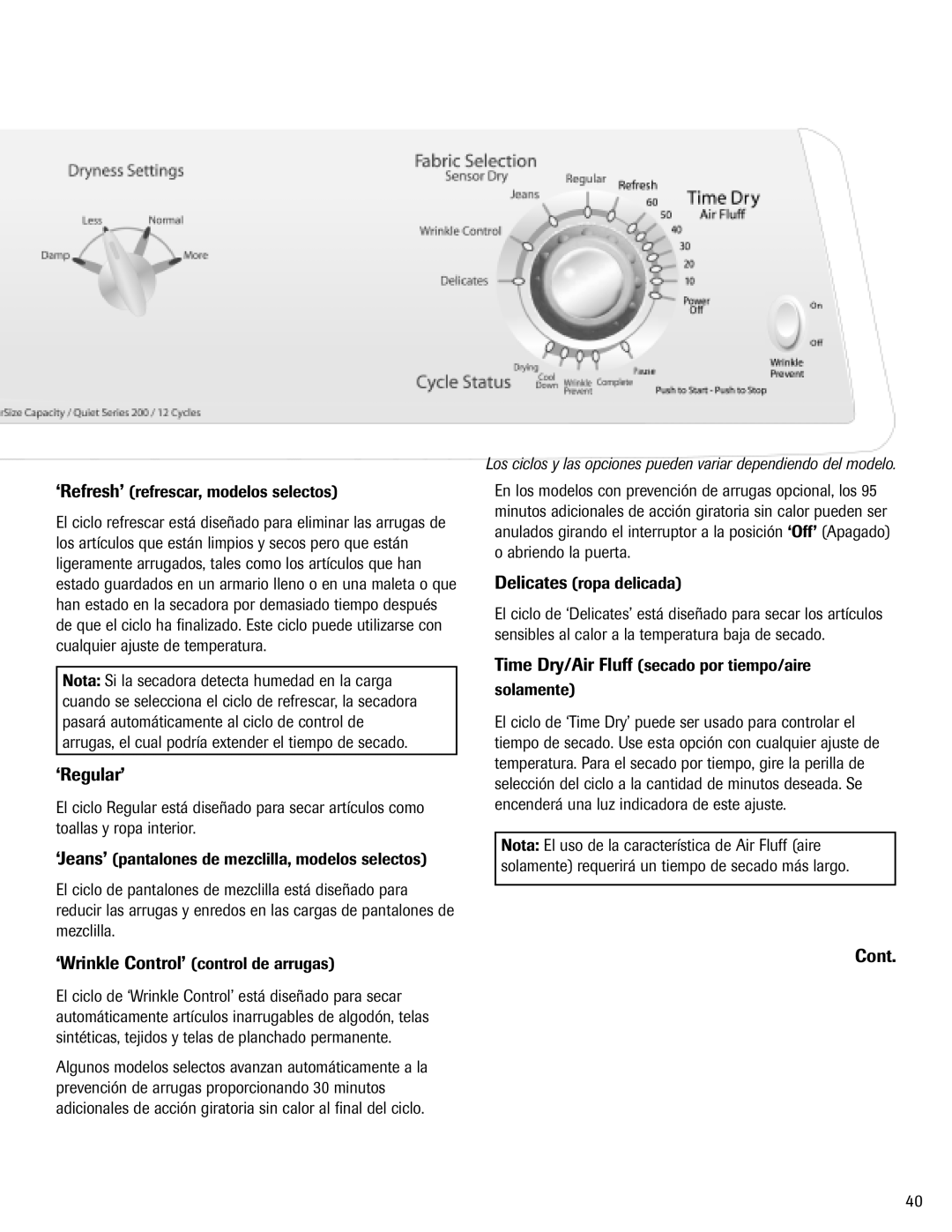 Maytag MD-1 ‘Regular’, Cont, ‘Refresh’ refrescar, modelos selectos, Time Dry/Air Fluff secado por tiempo/aire Solamente 