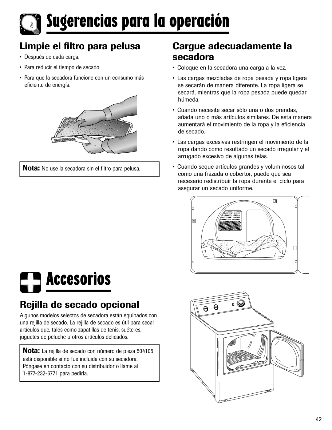 Maytag MD-1 Accesorios, Limpie el filtro para pelusa, Cargue adecuadamente la secadora, Rejilla de secado opcional 