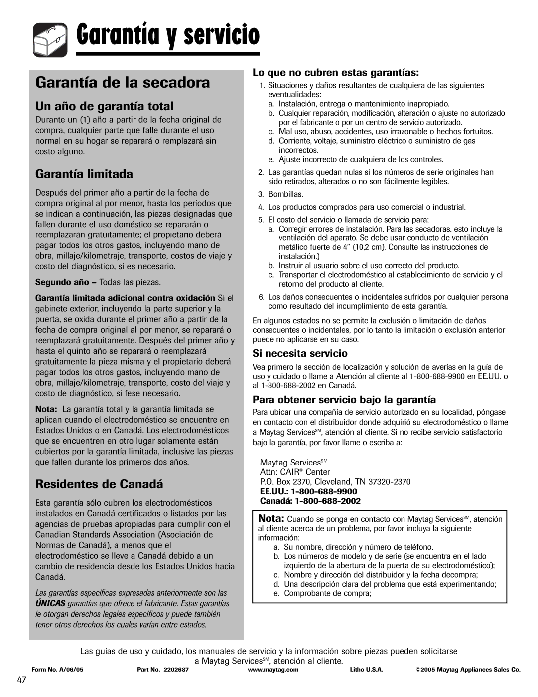 Maytag MD-1 Garantía y servicio, Garantía de la secadora, Un año de garantía total, Garantía limitada 