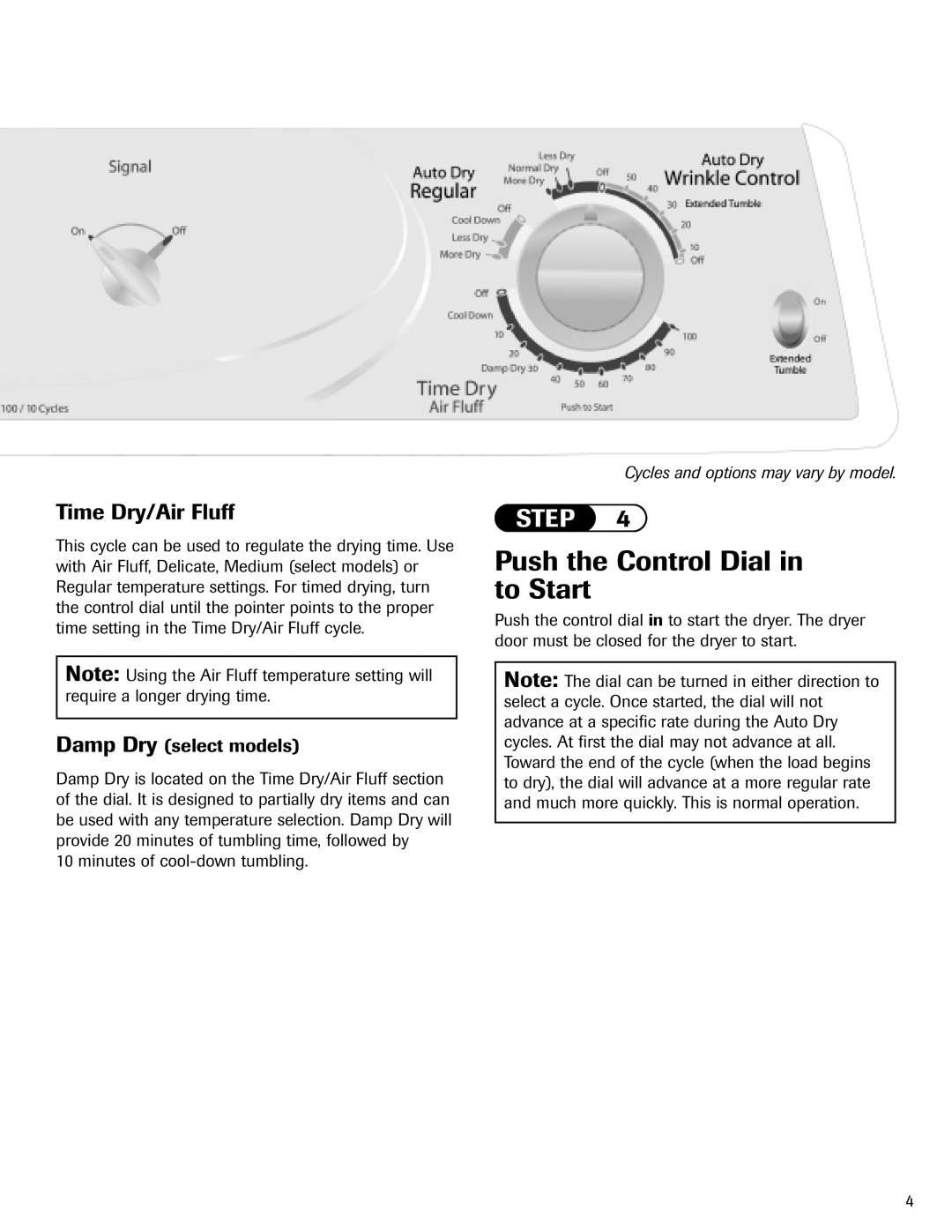 Maytag MD-1 Push the Control Dial in to Start, Time Dry/Air Fluff, Damp Dry select models, Minutes of cool-down tumbling 