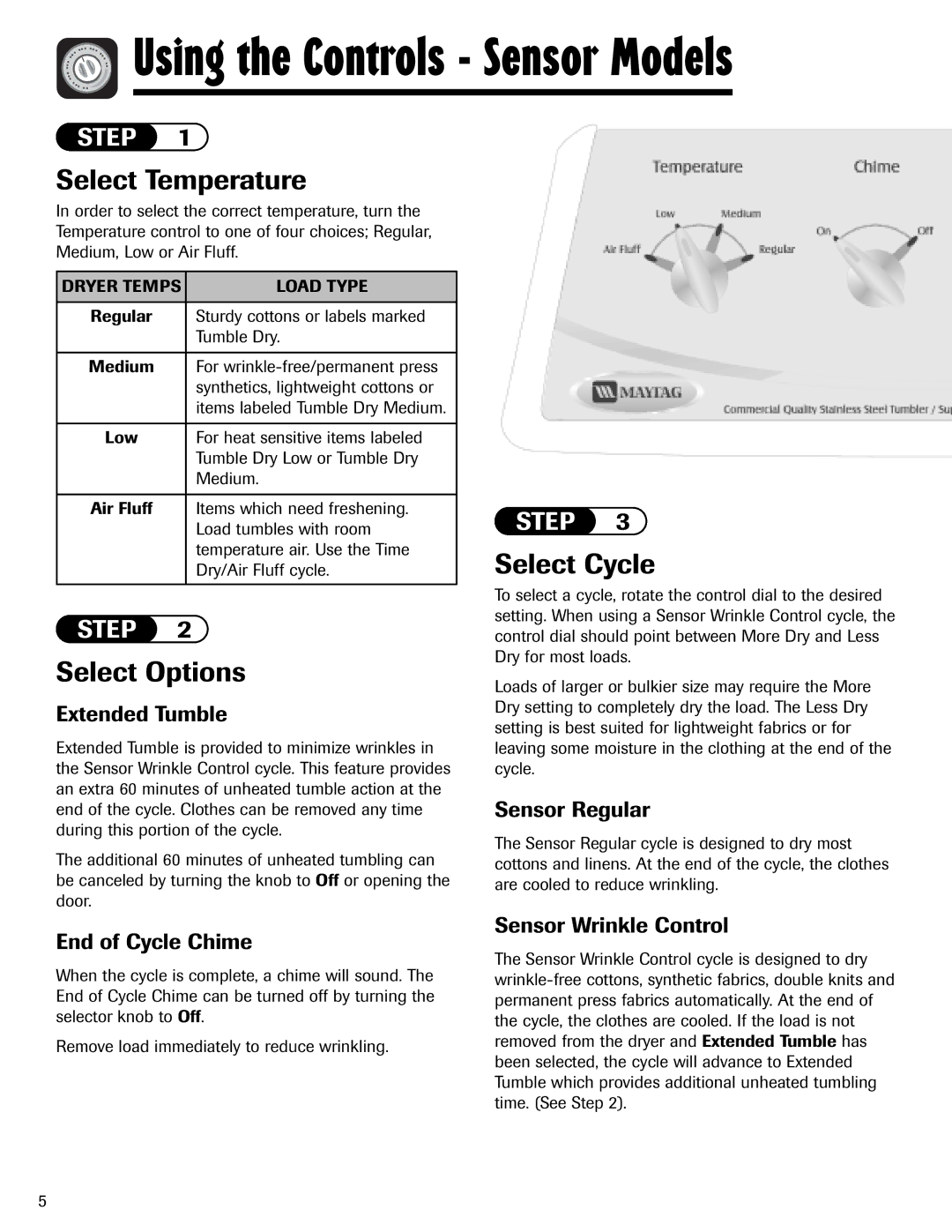 Maytag MD-1 important safety instructions Extended Tumble, Sensor Regular, End of Cycle Chime, Sensor Wrinkle Control 