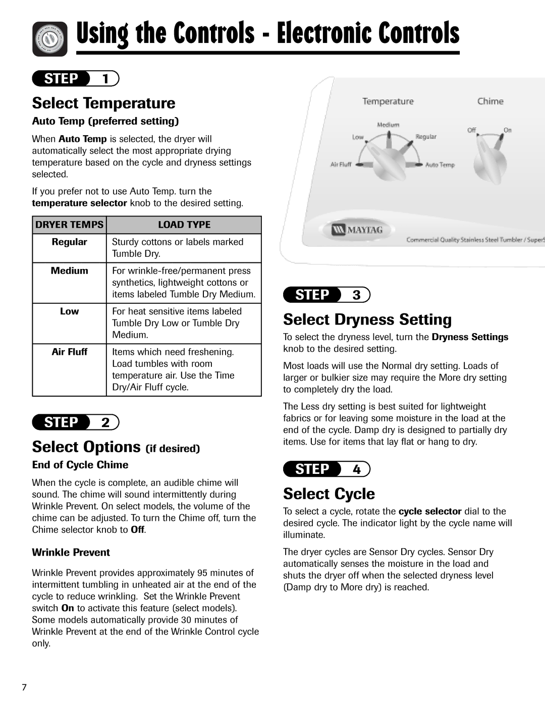 Maytag MD-1 Select Options if desired, Select Dryness Setting, Auto Temp preferred setting, End of Cycle Chime 