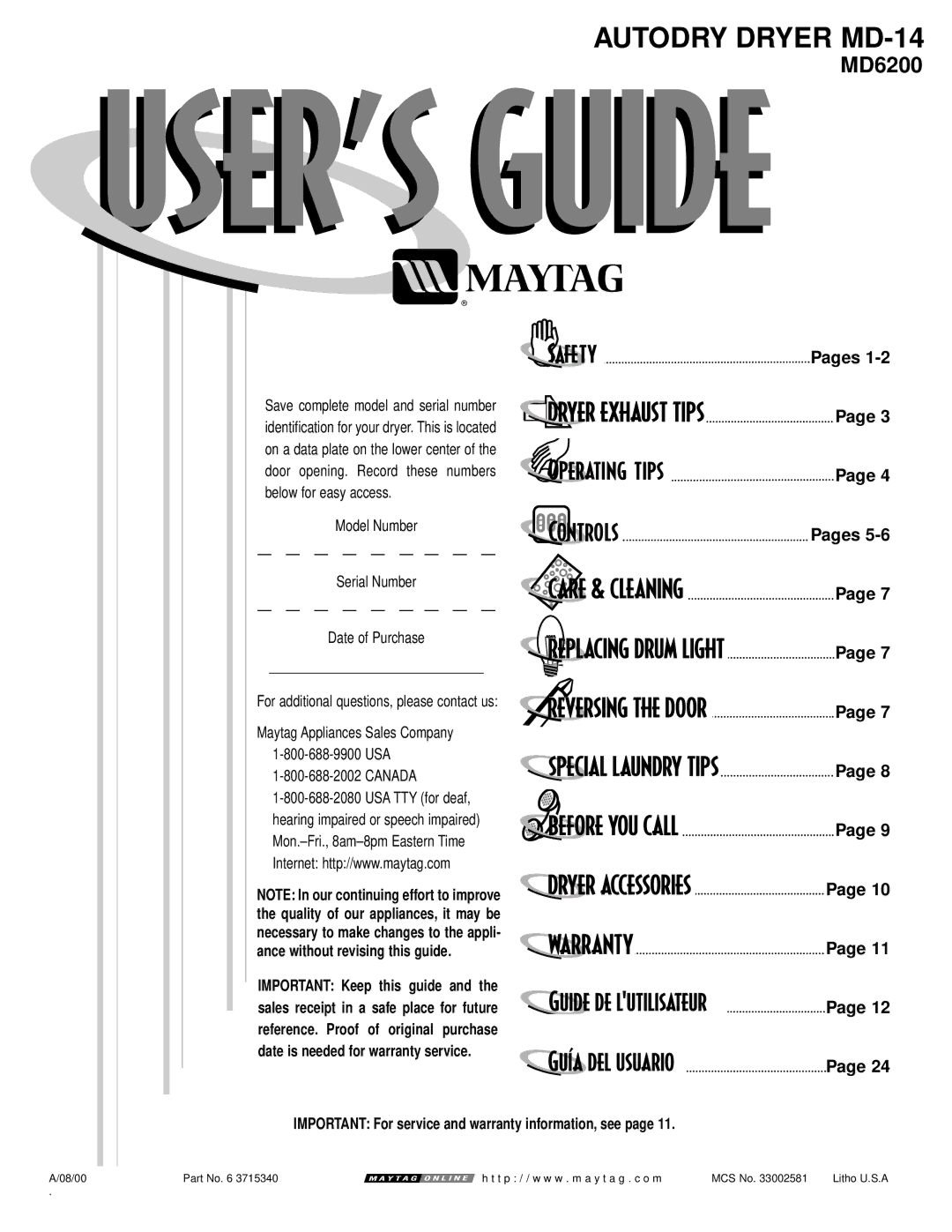 Maytag MD-14 warranty Model Number Serial Number Date of Purchase, Canada 