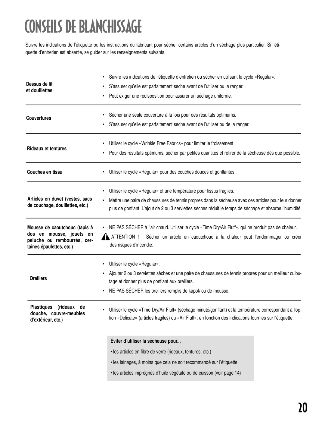 Maytag MD-14 warranty Conseils DE Blanchissage, Des risques d’incendie, Utiliser le cycle « Regular» 