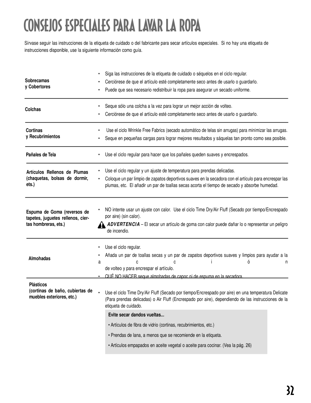 Maytag MD-14 warranty Consejos Especiales Para Lavar LA Ropa, De volteo y para encrespar el artículo 