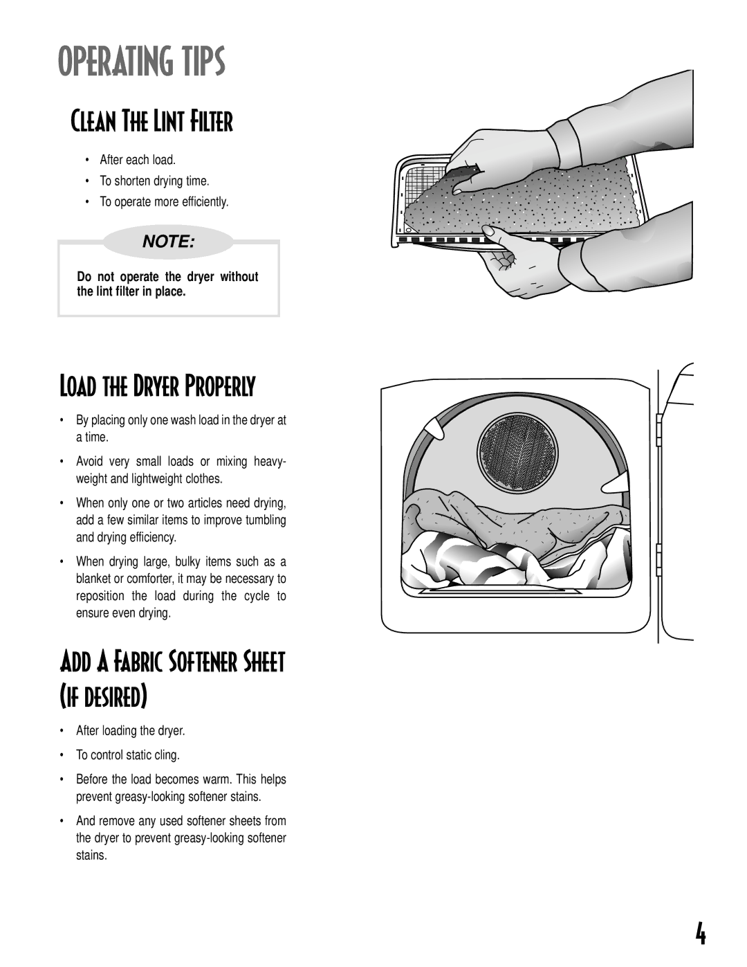 Maytag MD-14 warranty Operating Tips, Clean The Lint Filter, Load the Dryer Properly 