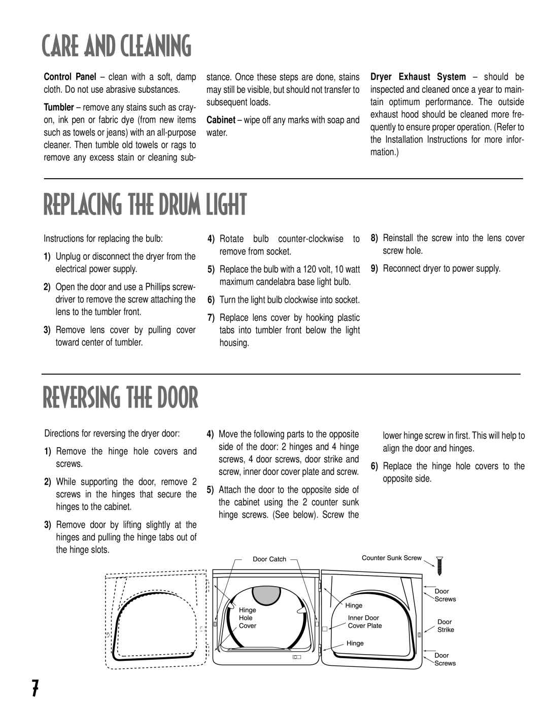 Maytag MD-14 warranty Replacing the Drum Light, Reversing the Door, Directions for reversing the dryer door 