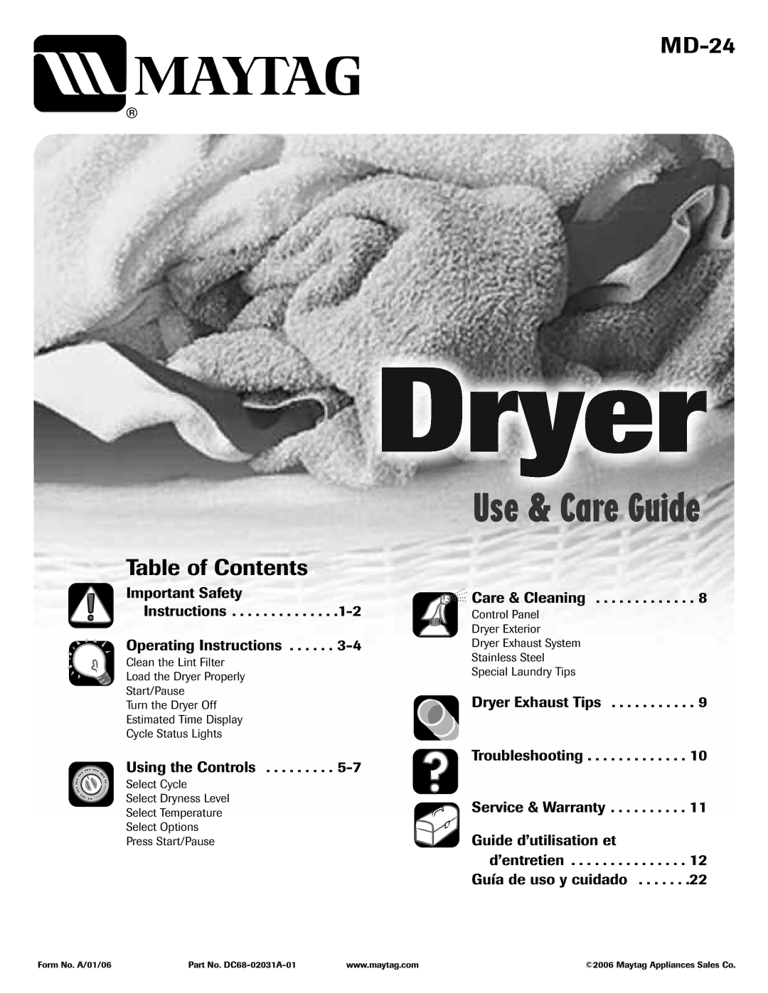 Maytag MD-24 important safety instructions Table of Contents 