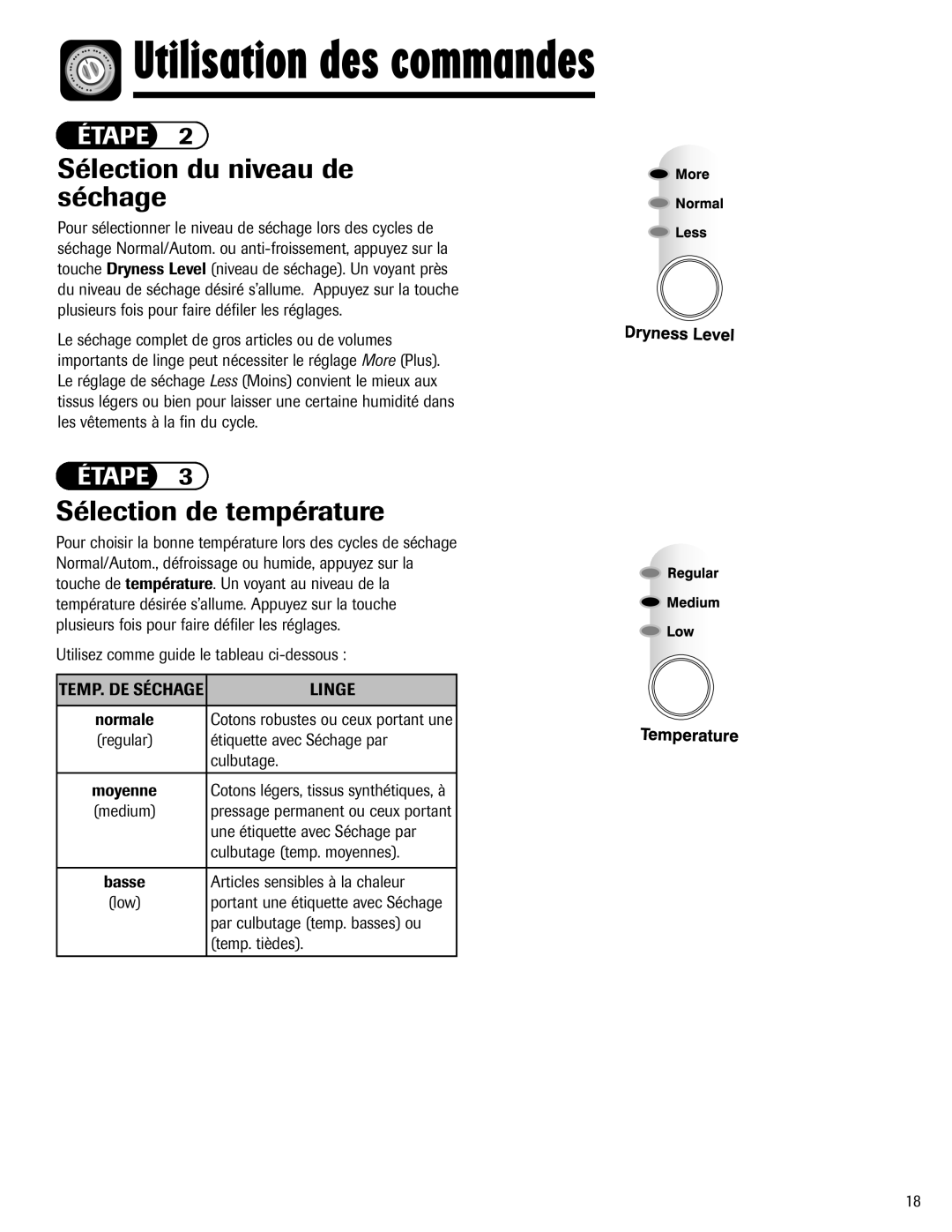 Maytag MD-24 important safety instructions Sélection du niveau de séchage, Sélection de température, Linge 