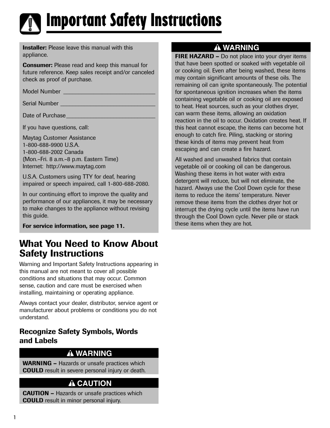 Maytag MD-24 Important Safety Instructions, What You Need to Know About Safety Instructions, Canada 