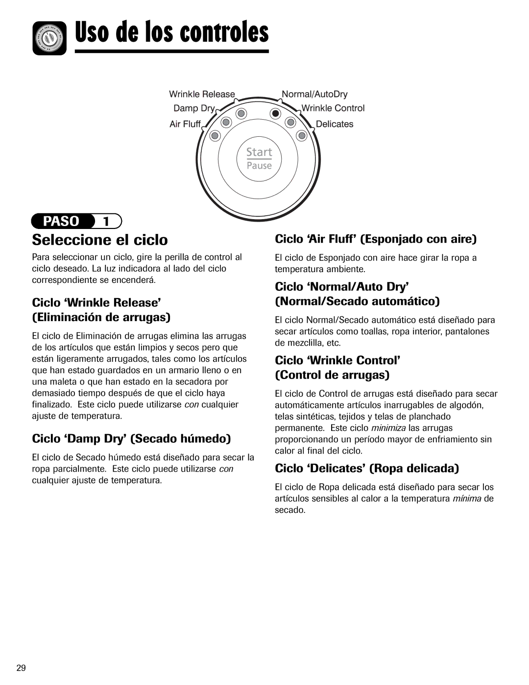 Maytag MD-24 important safety instructions Uso de los controles, Seleccione el ciclo 