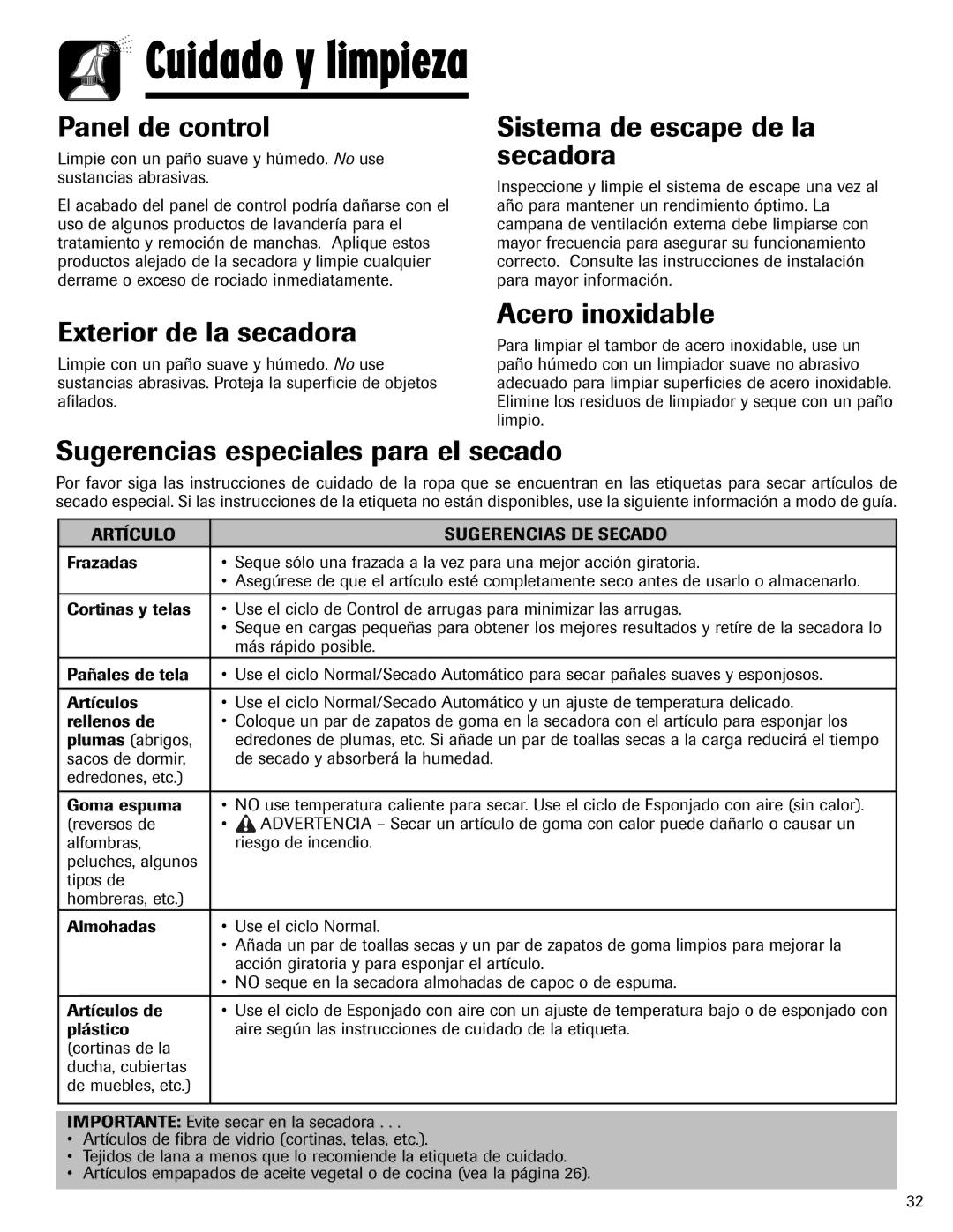 Maytag MD-24 Panel de control, Sistema de escape de la secadora, Exterior de la secadora, Acero inoxidable 