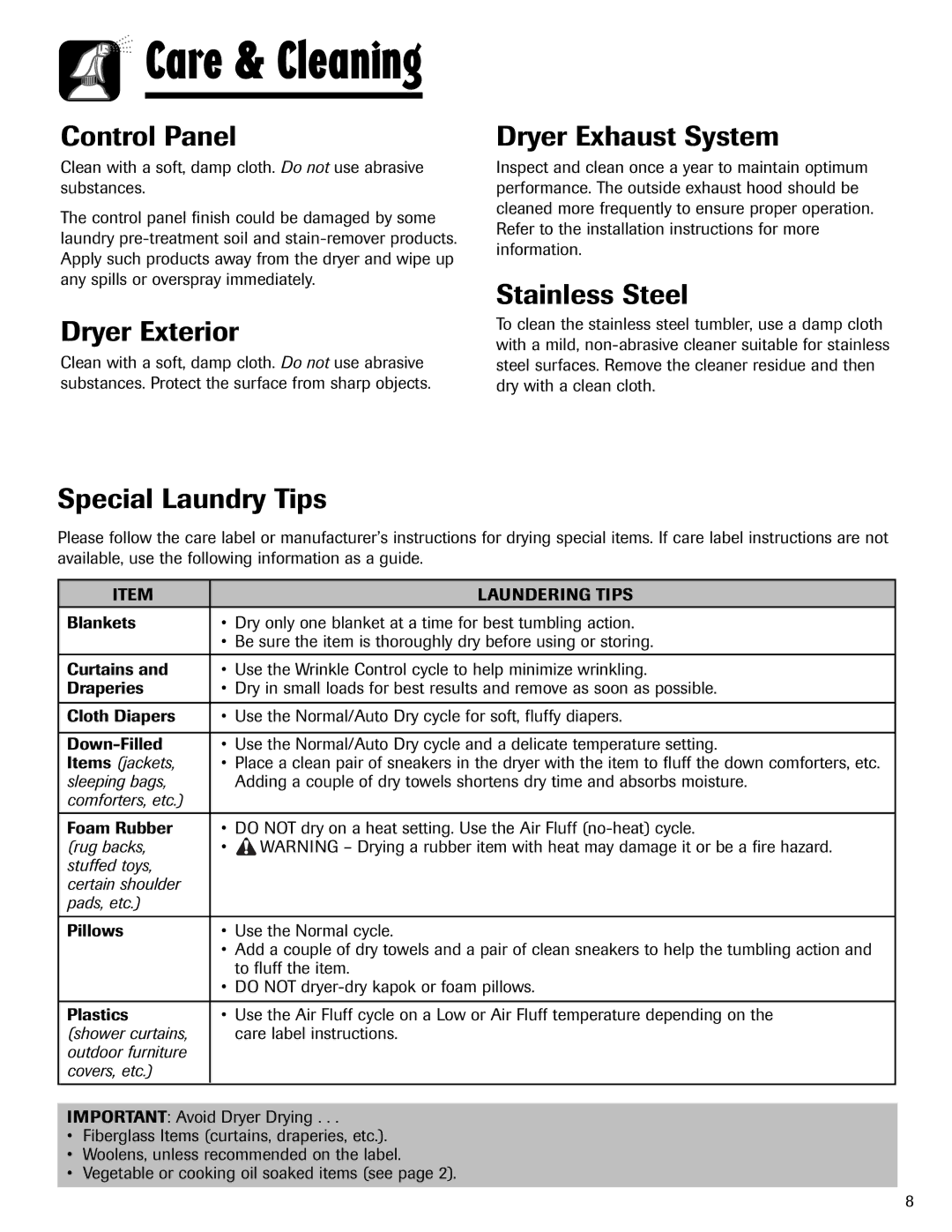 Maytag MD-24 Control Panel, Dryer Exterior, Special Laundry Tips Dryer Exhaust System, Stainless Steel, Laundering Tips 