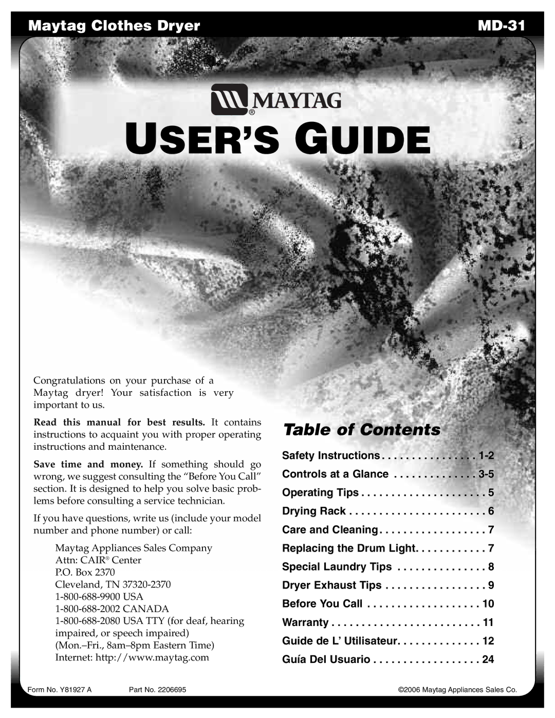 Maytag MD-31 operating instructions USER’S Guide 