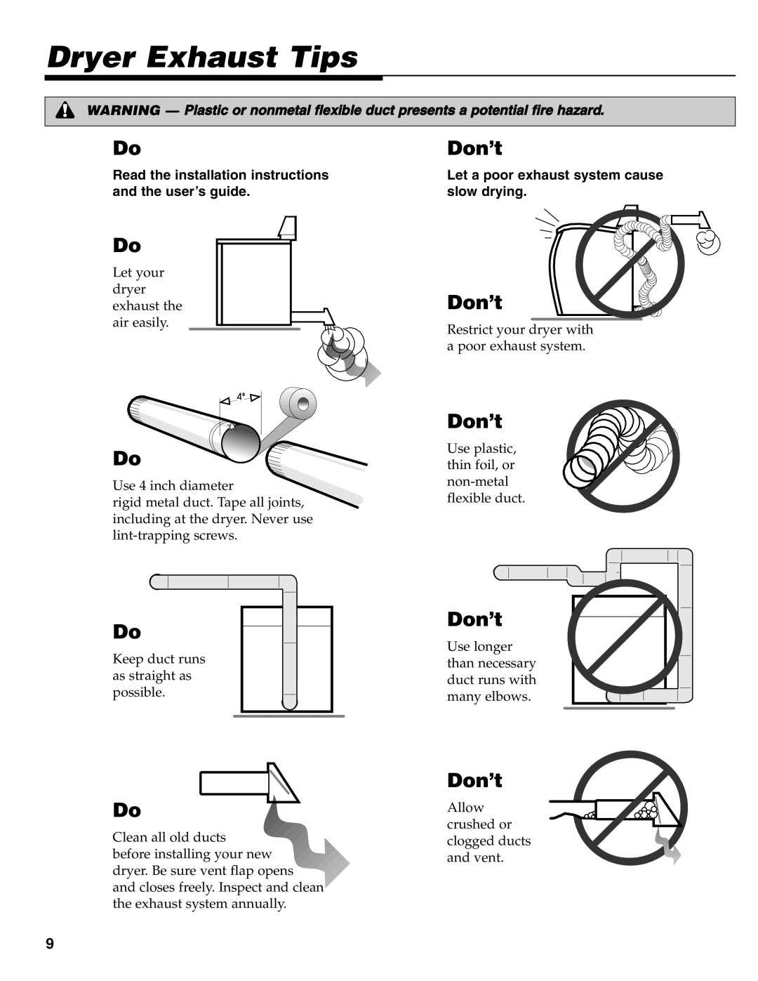 Maytag MD-31 operating instructions Dryer Exhaust Tips, Don’t 