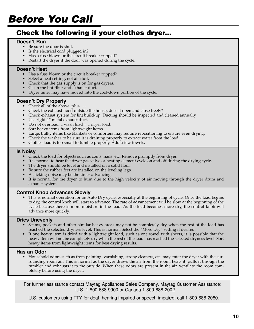 Maytag MD-31 operating instructions Before You Call, Check the following if your clothes dryer 