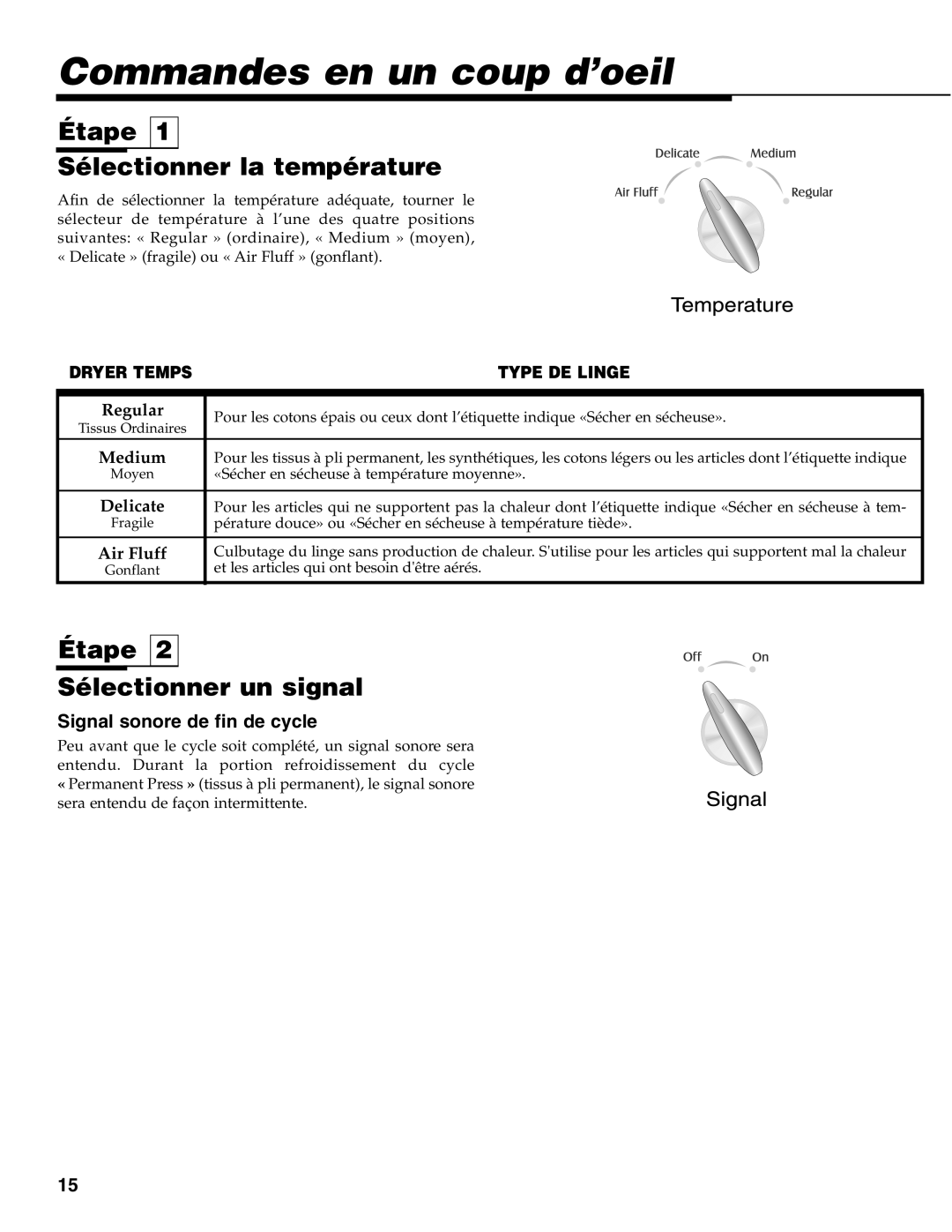 Maytag MD-31 Commandes en un coup d’oeil, Étape Sélectionner la température, Étape Sélectionner un signal 