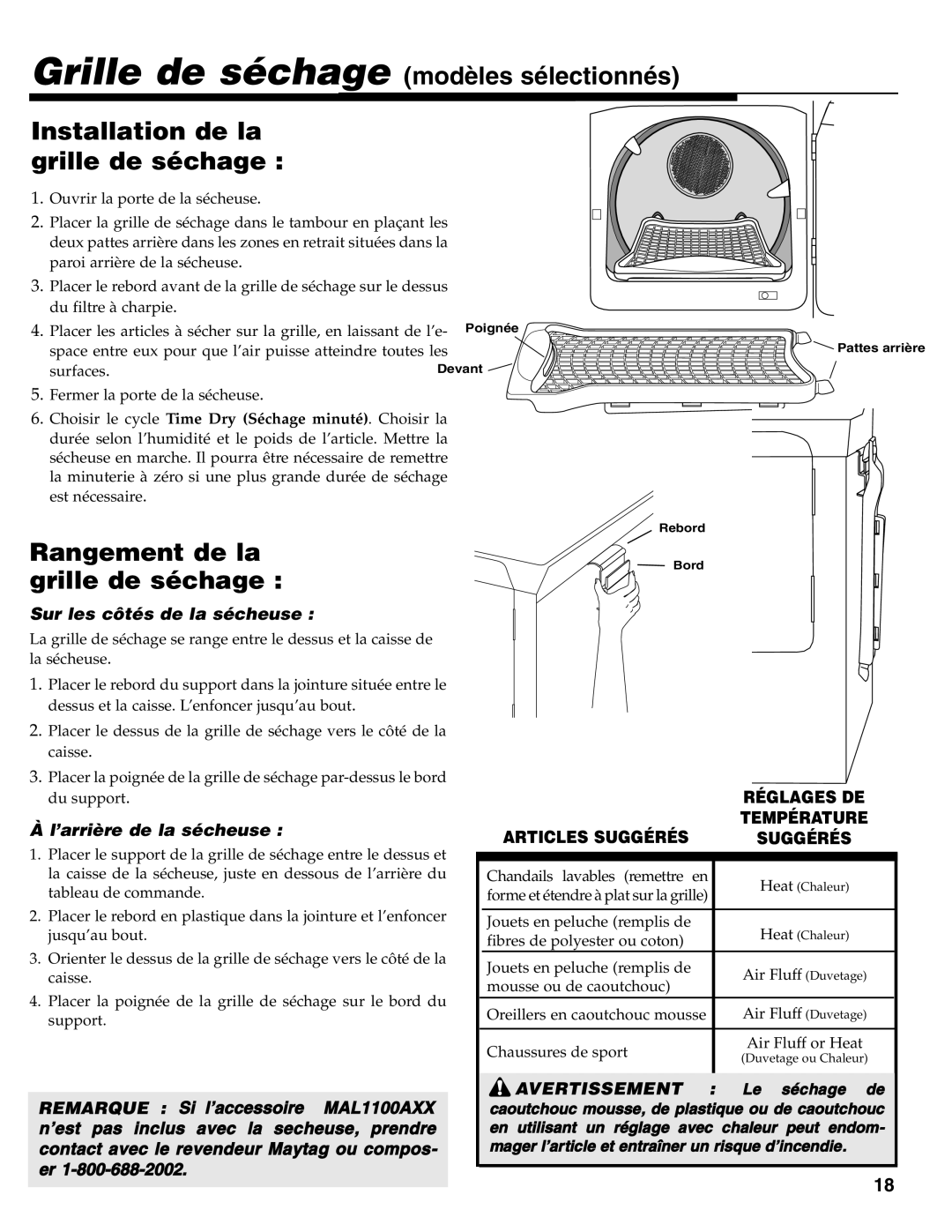 Maytag MD-31 operating instructions Rangement de la, Grille de séchage 