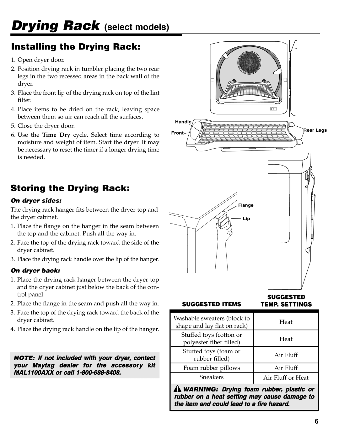 Maytag MD-31 operating instructions Drying Rack select models Installing the Drying Rack, Storing the Drying Rack 