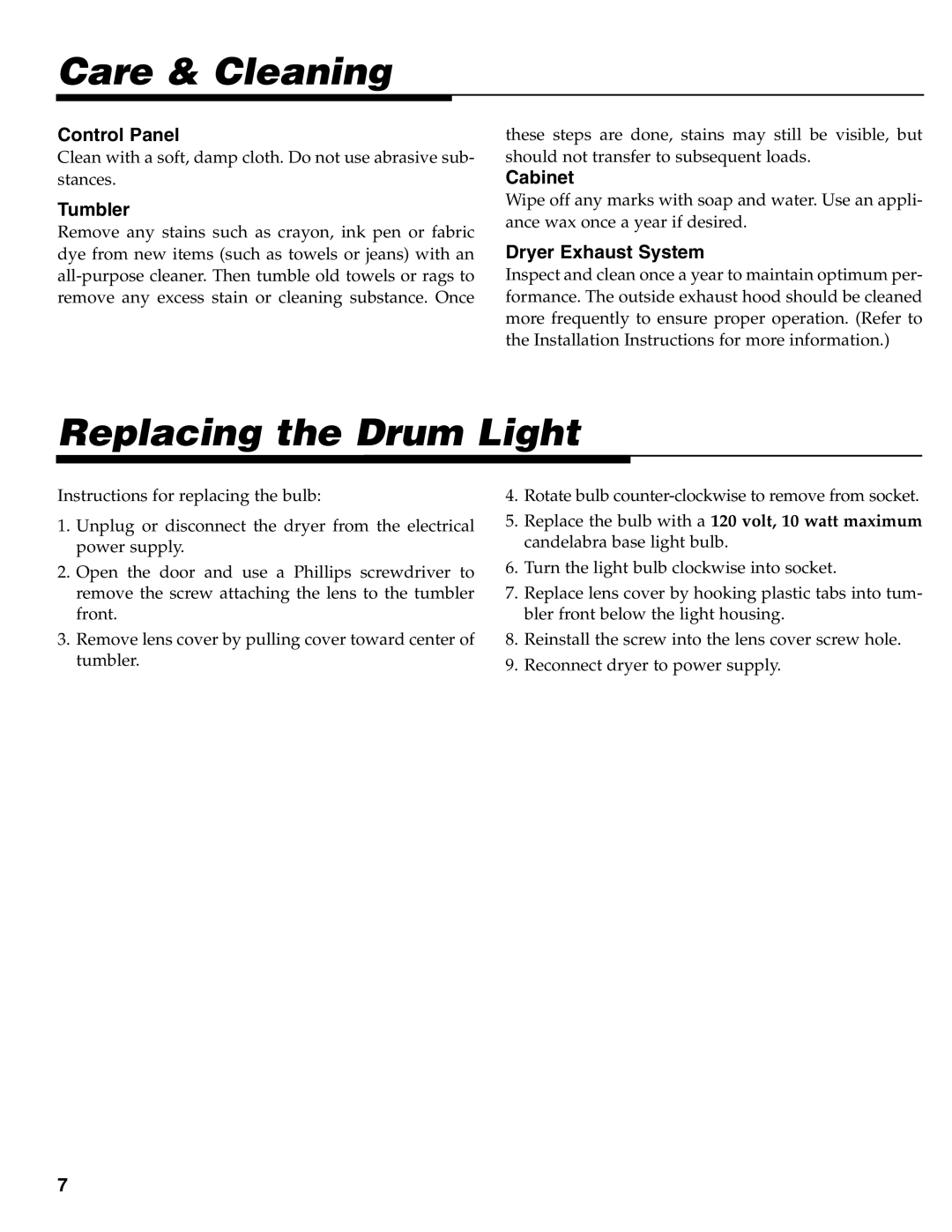 Maytag MD-31 operating instructions Care & Cleaning, Replacing the Drum Light 