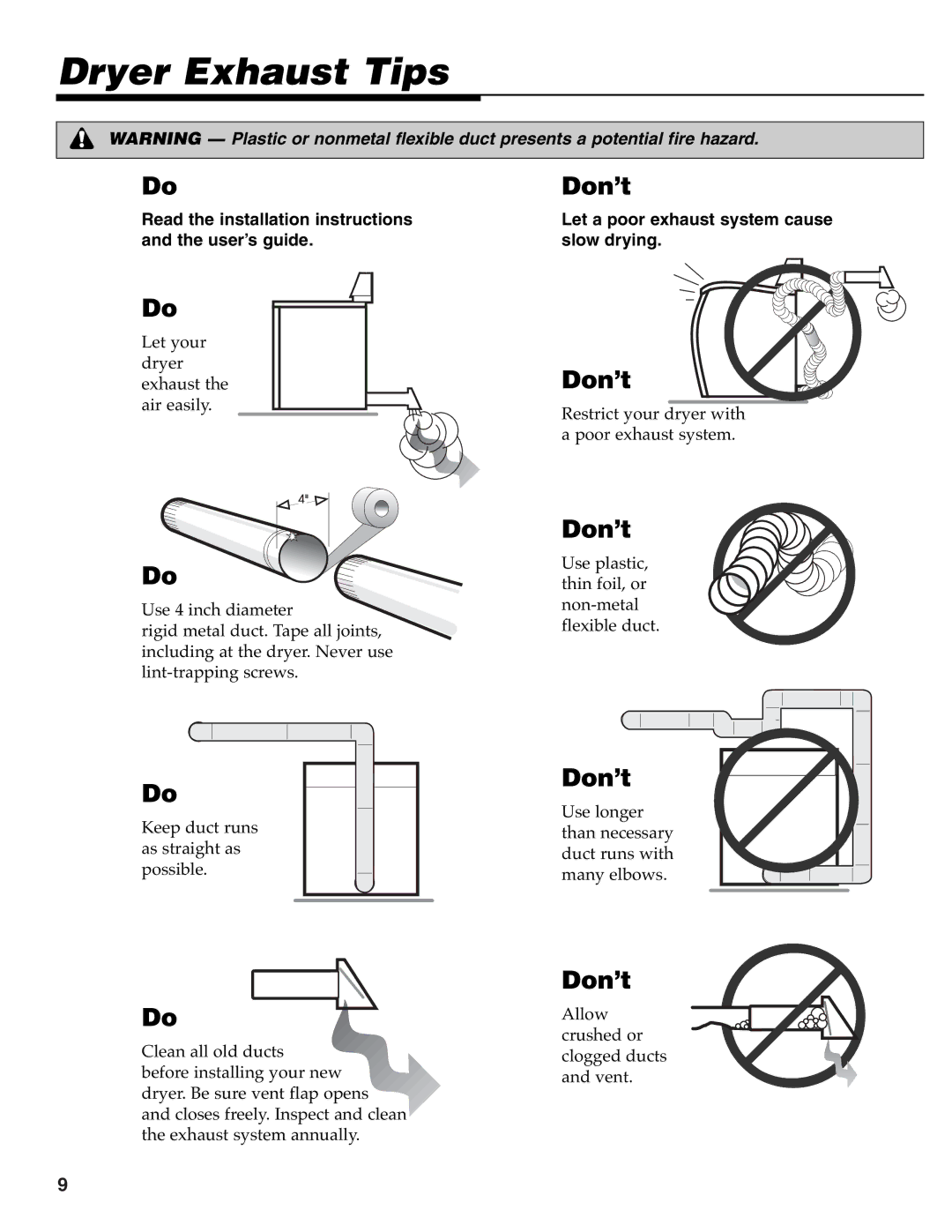 Maytag MD-33 operating instructions Dryer Exhaust Tips, Don’t 